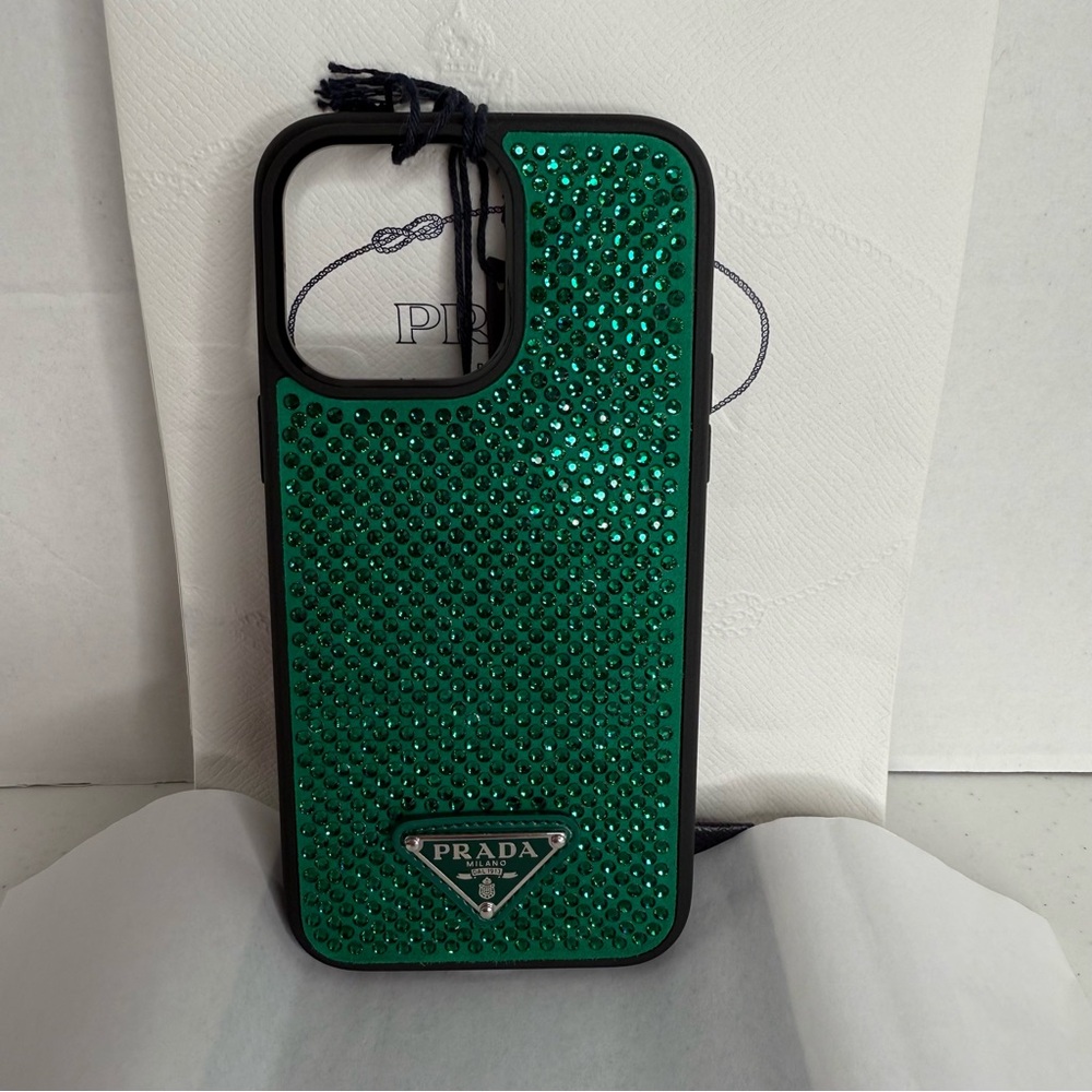 New Prada I phone 13 pro max case Green Rhinestone